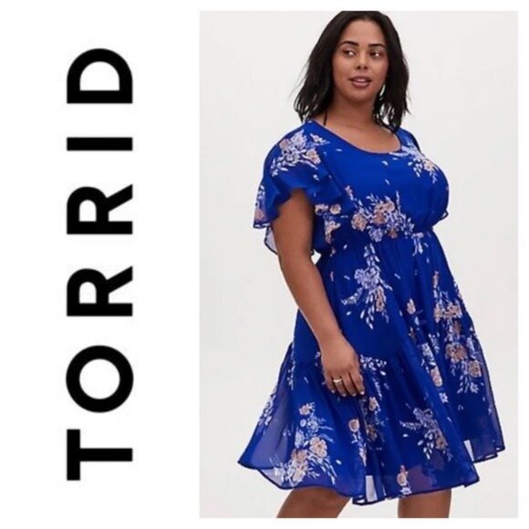 Torrid Blue Floral Chiffon Ruffle Hem Skater Dress Size 3X - Picture 1 of 4